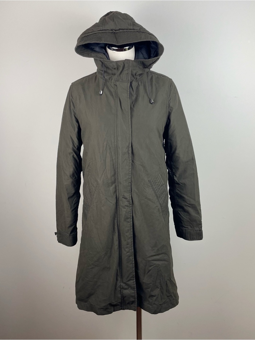 Zara Solid Dark Green Full Zip Hooded Long Coat Women XS Extra Small